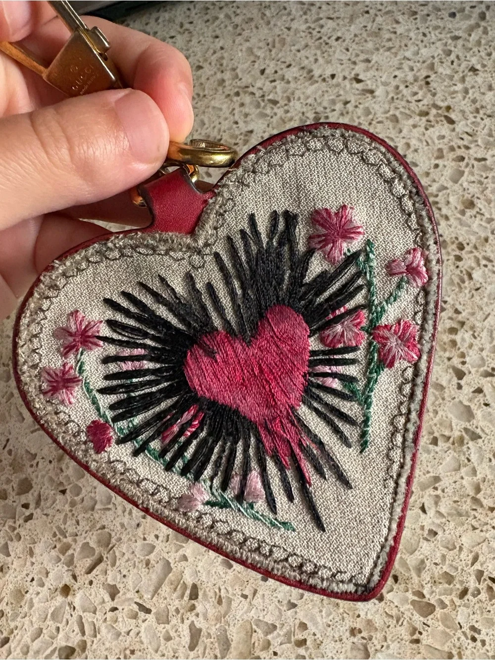 Gucci Heart Embroidered Leather Keychain